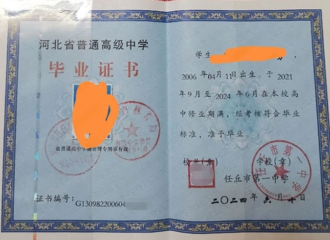 阳泉任丘市第一中学高中毕业证样本图片